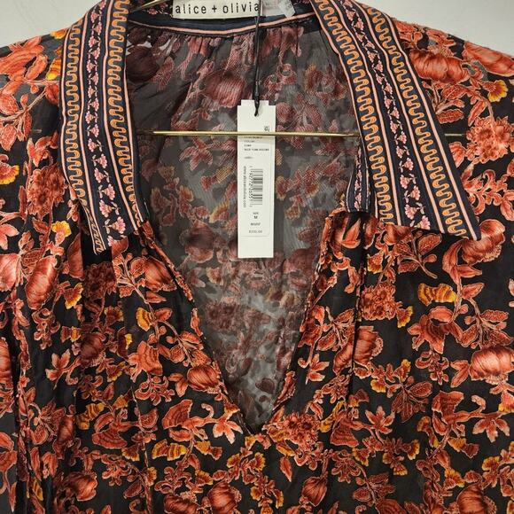 Alice + Olivia Desiree Orange Floral Print silk-blend Blouse size medium - Picture 4 of 5